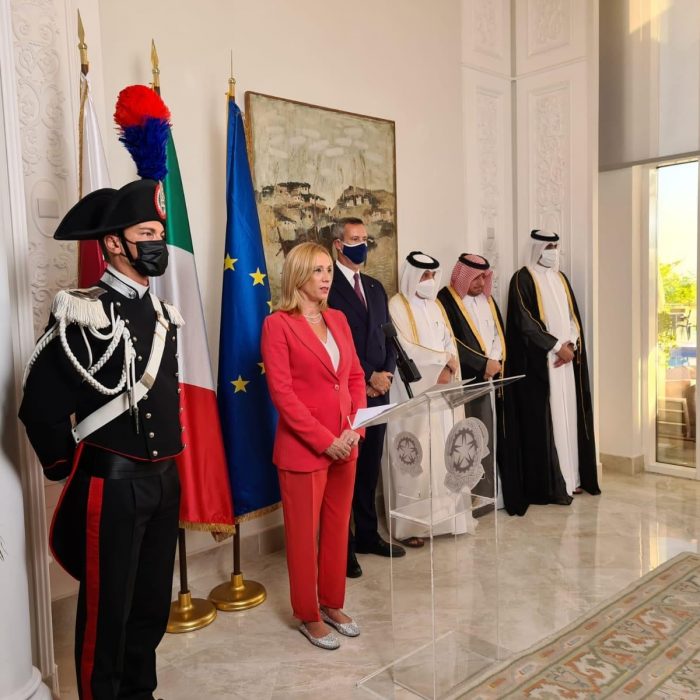 Festa della Repubblica Italiana, 2 Giugno 2021, Palma Libotte, Presidente della Camera di Commercio Italiana in Qatar, e Alessandro Prunas, l'Ambasciatore Italiano in Qatar